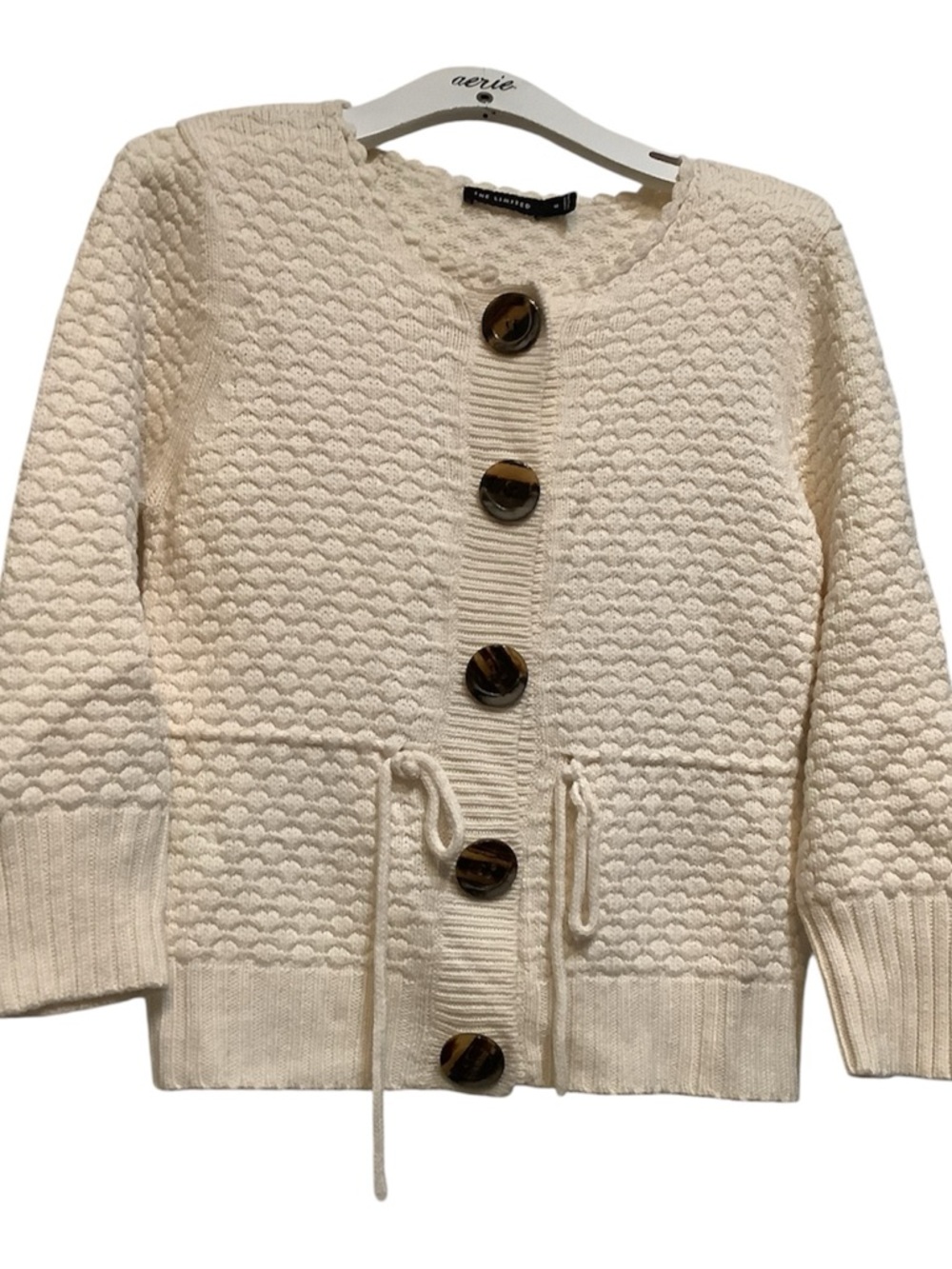 VINTAGE The Limited Cream Textured Button-Front Cardigan with Drawstring